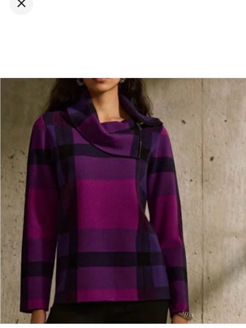 Joseph Ribkoff Purple Plaid Asymmetrical Zip Collar Sweater